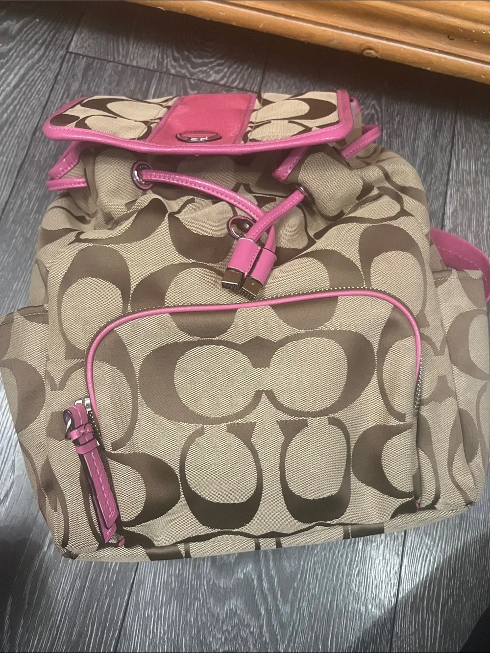 Coach Brown Signature Canvas Backpack with Pink Trim